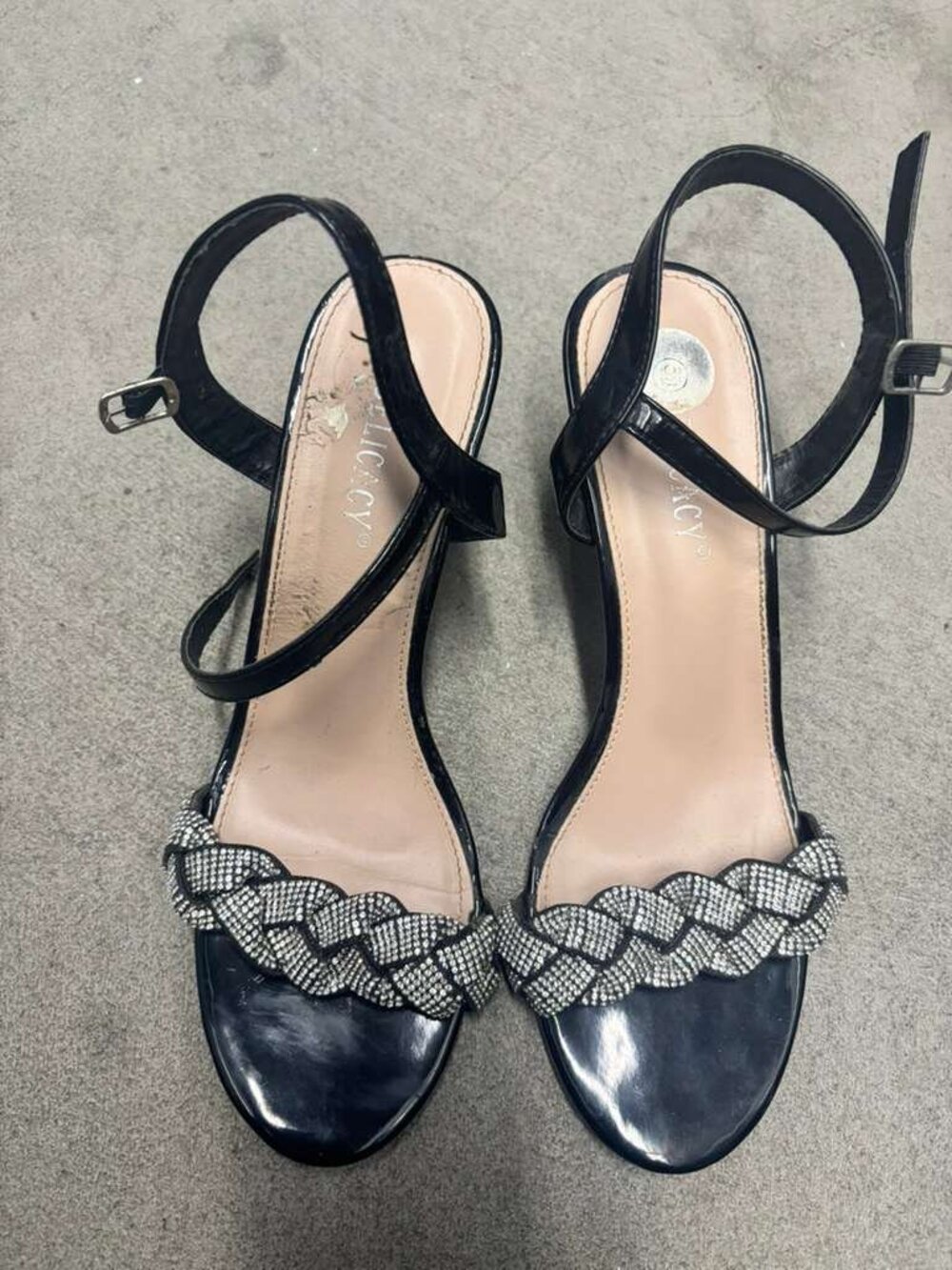 Delicacy Black Rhinestone Braided Strap Sandals Ankle Buckle Heels Size 9